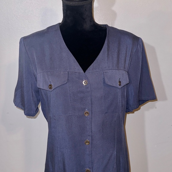 Vintage Halston Size 14 Tencel Pleated Shirtdress Dusty Blue Midi Length - Picture 4 of 9
